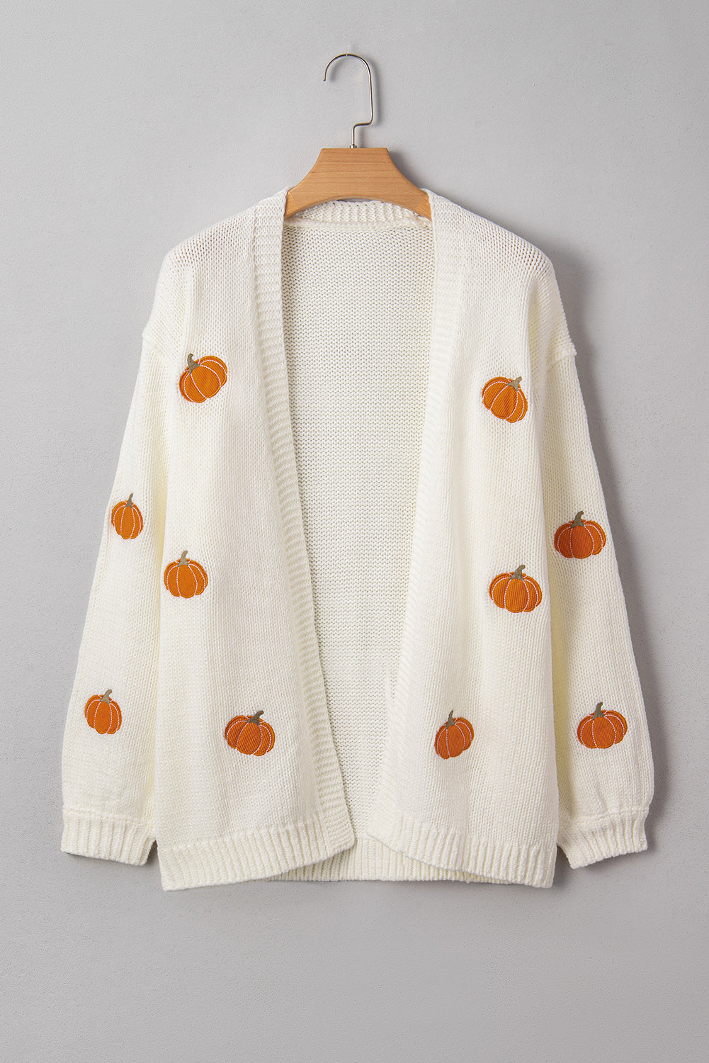 White Pumpkin Print Open Front Drop Shoulder Midi Cardigan - Viraxa