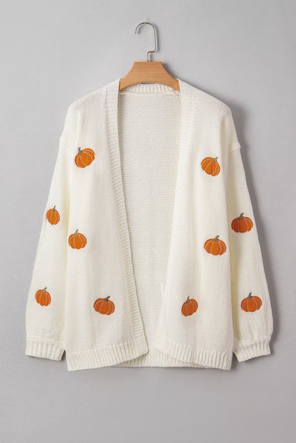 White Pumpkin Print Open Front Drop Shoulder Midi Cardigan - Viraxa