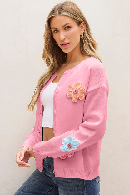 Pink Cute Knitted Floral Pattern Button Up Cardigan - Viraxa