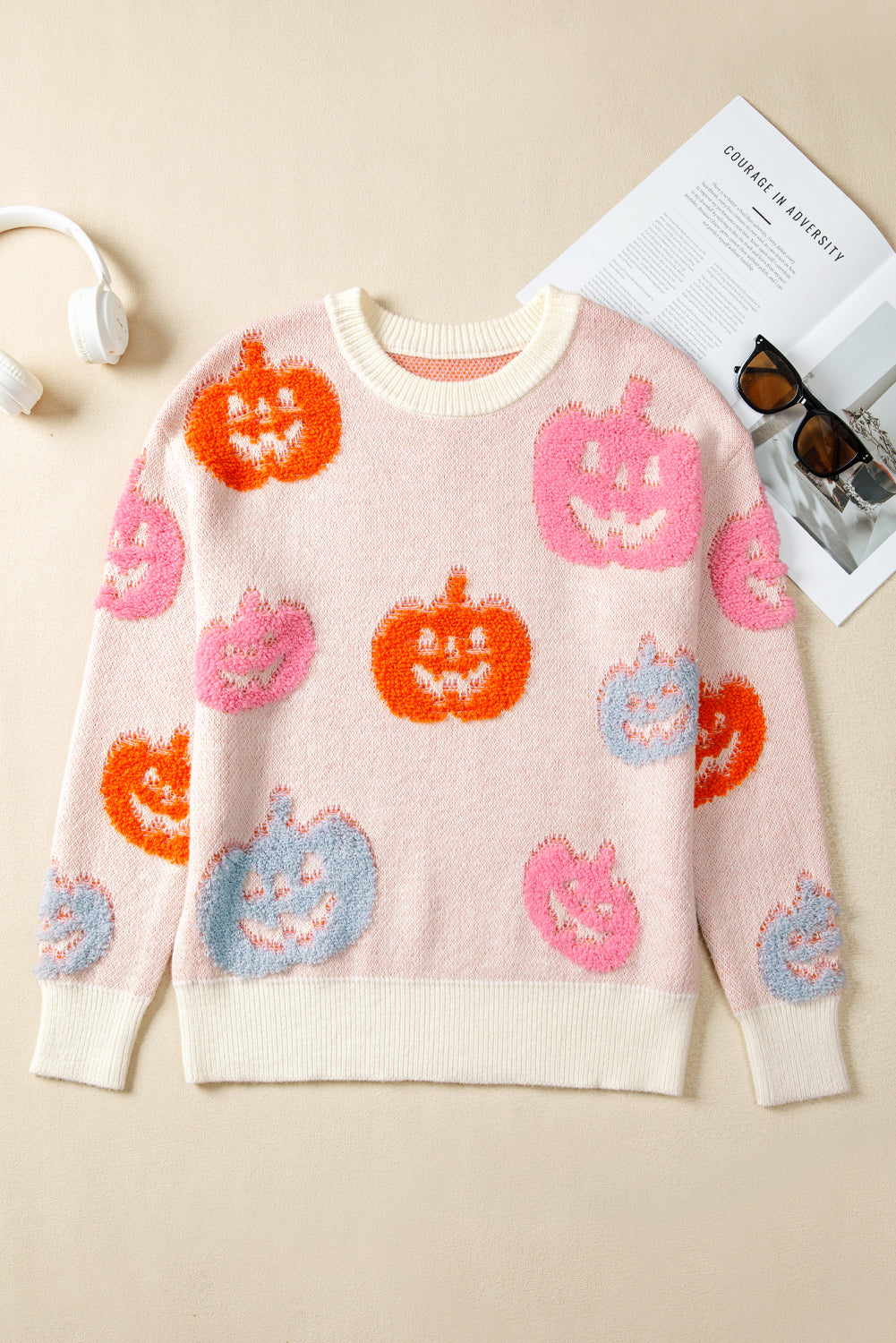 Beige Halloween Cute Pumpkin Pattern Sweater - Viraxa