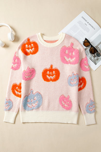 Beige Halloween Cute Pumpkin Pattern Sweater - Viraxa