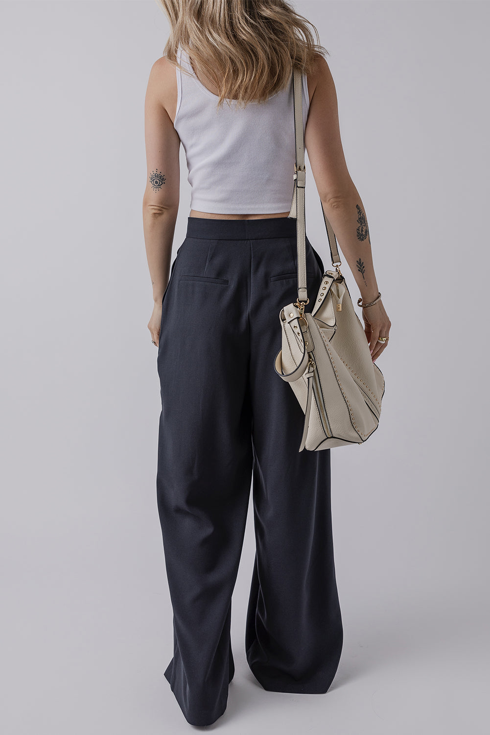 Dirty blue Dual Buttoned High Waist Pleated Wide Leg Pants - Viraxa
