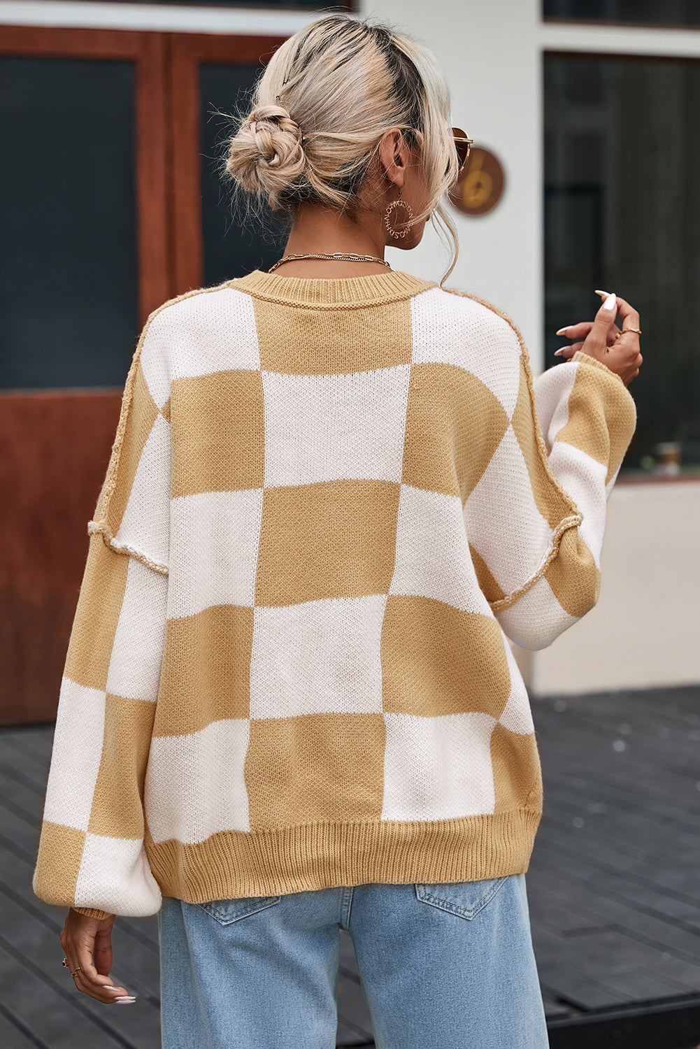 Khaki Checkered Bishop Sleeve Sweater - Viraxa