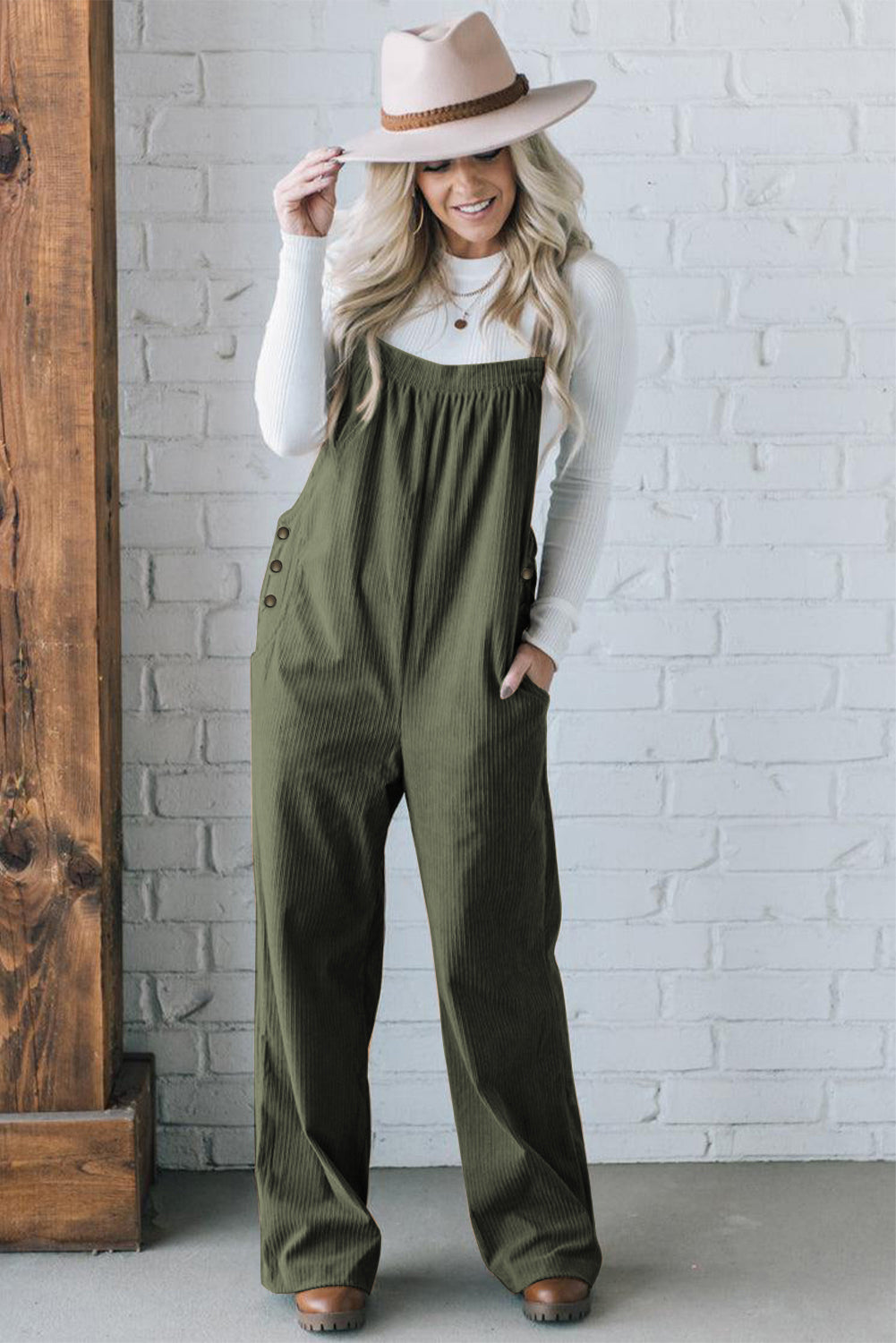 Jungle Green Solid Pocketed Loose Fit Corduroy Overall - Viraxa