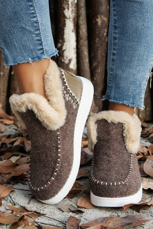 Coffee Suede Stitching Patchwork Plush Lined Anklet Boots - Viraxa