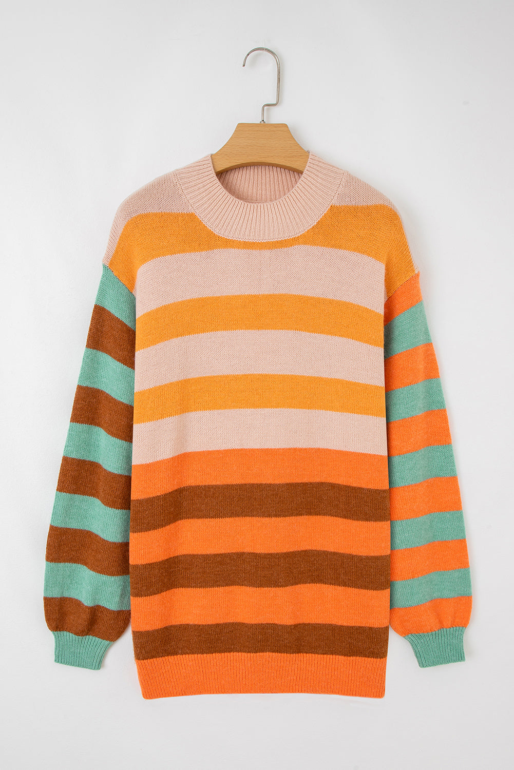 Orange Stripe Color Block High Neck Drop Shoulder Cozy Sweater - Viraxa
