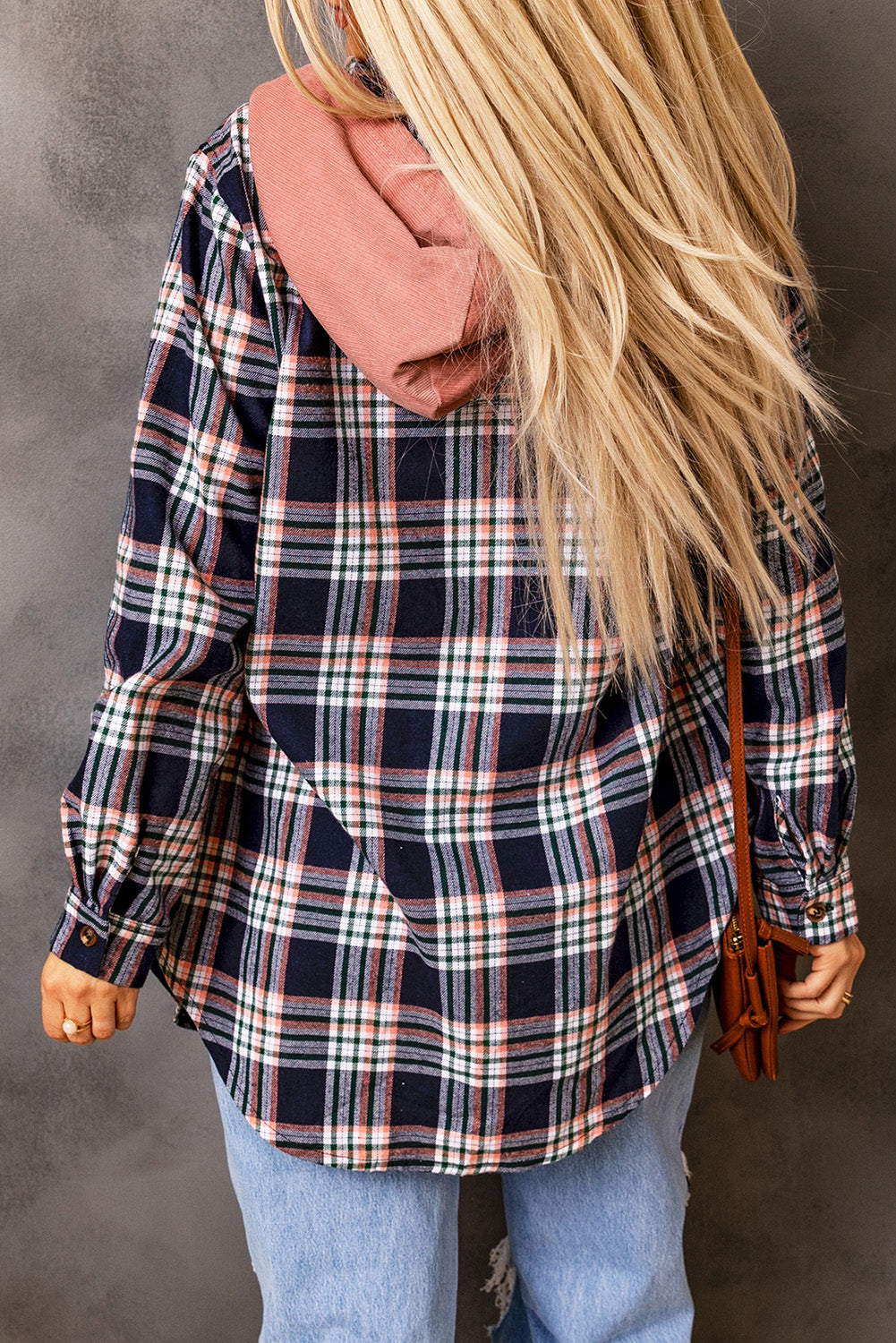 Pink Contrast Hooded Drawstring Plaid Shacket - Viraxa