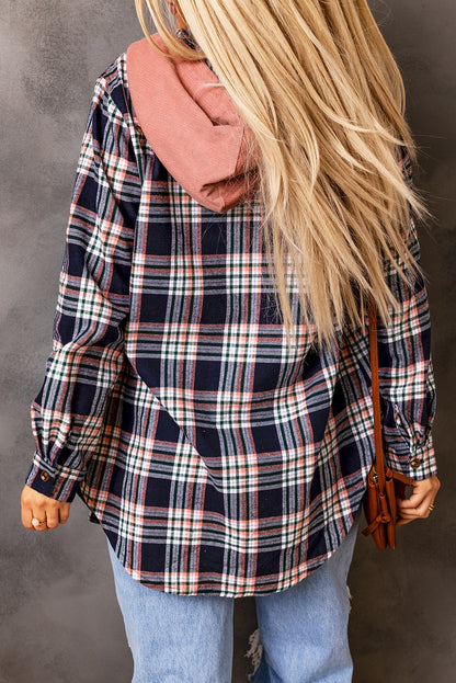 Pink Contrast Hooded Drawstring Plaid Shacket - Viraxa