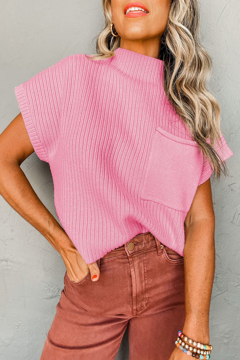 Pink Patch Pocket Ribbed Knit Short Sleeve Sweater - Viraxa