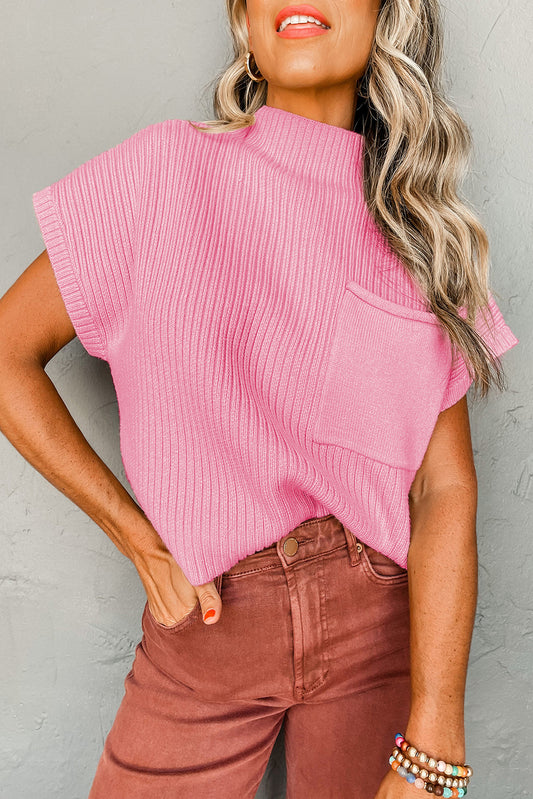 Pink Patch Pocket Ribbed Knit Short Sleeve Sweater - Viraxa