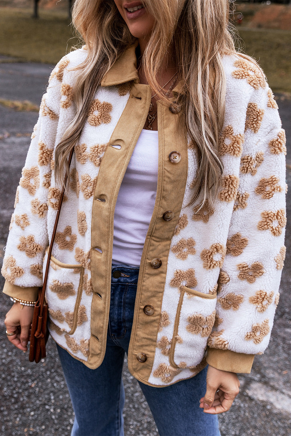 Light French Beige Cute Flower Pattern Button Up Fleece Jacket - Viraxa