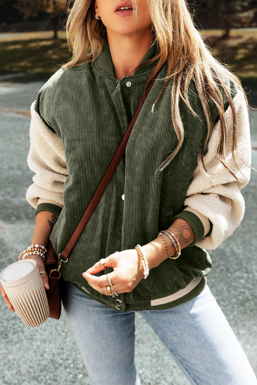 Mist Green Corduroy Fleece Patchwork Buttoned Bomber Jacket - Viraxa