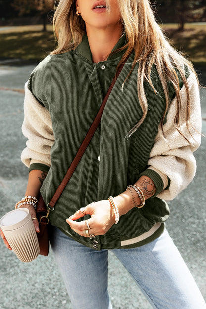 Mist Green Corduroy Fleece Patchwork Buttoned Bomber Jacket - Viraxa