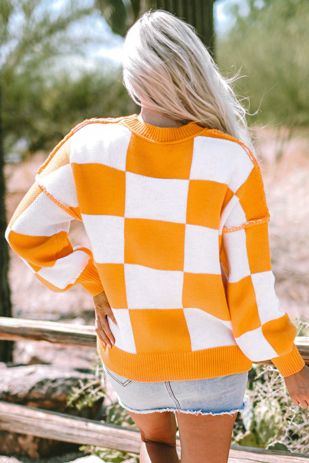 Orange Checkered Bishop Sleeve Sweater - Viraxa