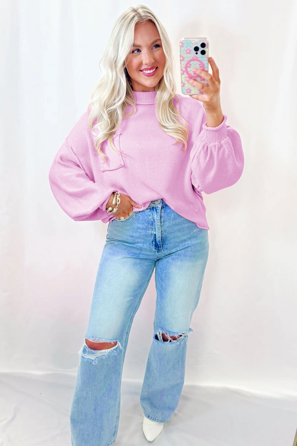 Pink Raw Edge Ribbed Detail Drop Shoulder Sweater - Viraxa
