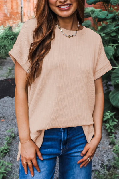 Jet Stream Textured Knit Round Neck Short Sleeve Top - Viraxa