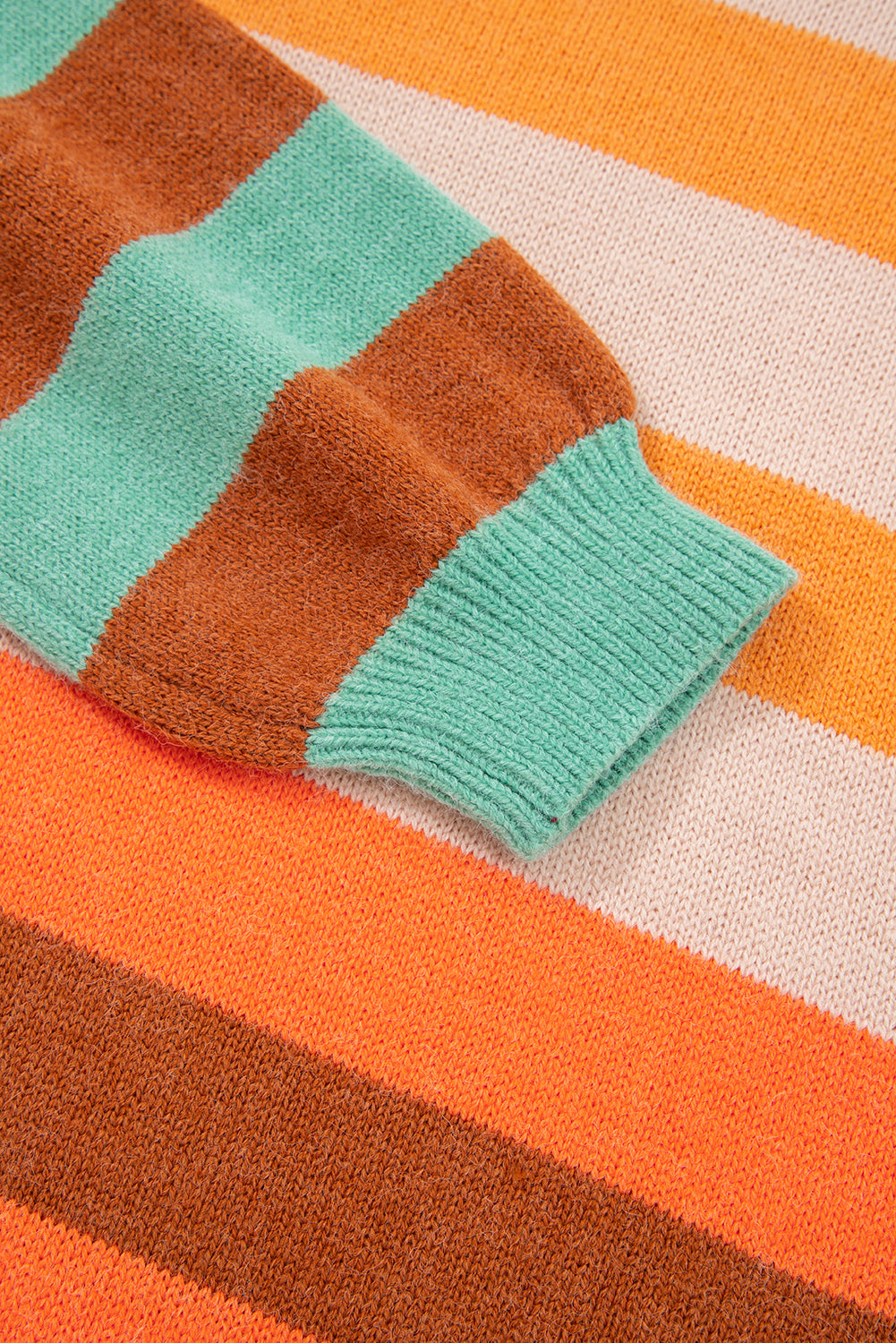 Orange Stripe Color Block High Neck Drop Shoulder Cozy Sweater - Viraxa
