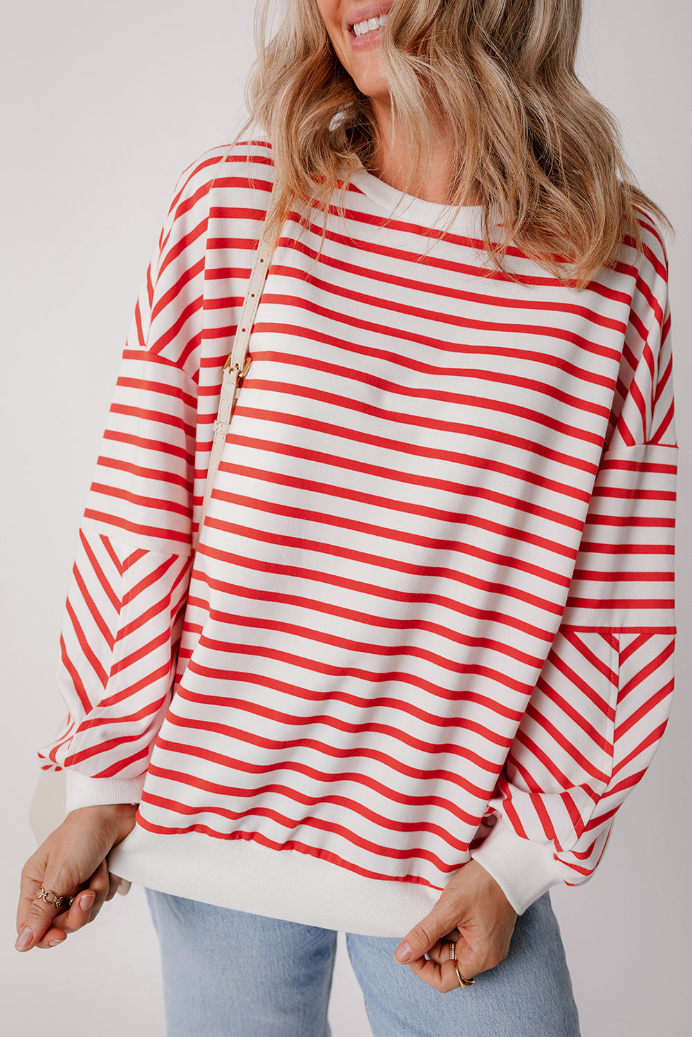 Orange Stripe Drop Shoulder Crew Neck Loose Sweatshirt - Viraxa