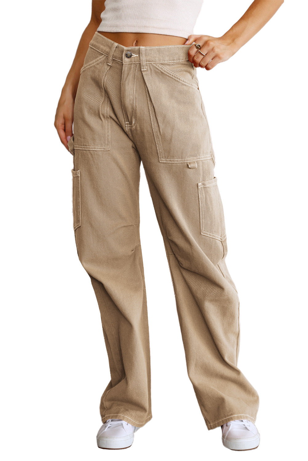Khaki High Waist Straight Leg Cargo Pants with Pockets - Viraxa