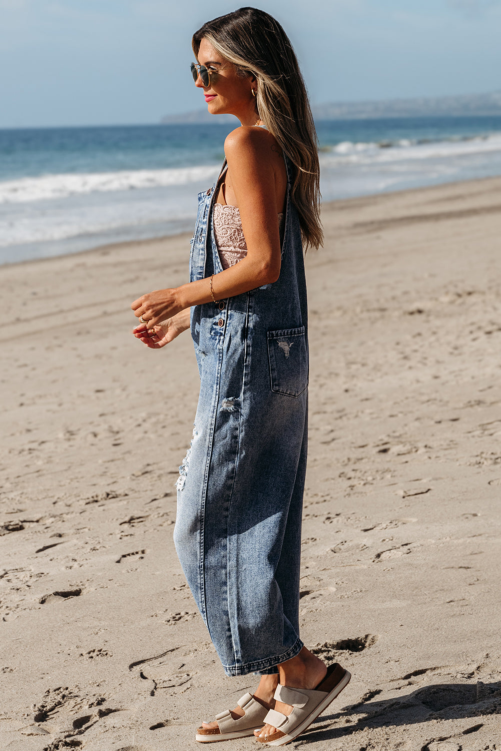 Stone Blue Distressed Bib Pocket Wide Leg Denim Overall - Viraxa