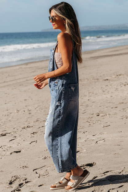 Stone Blue Distressed Bib Pocket Wide Leg Denim Overall - Viraxa