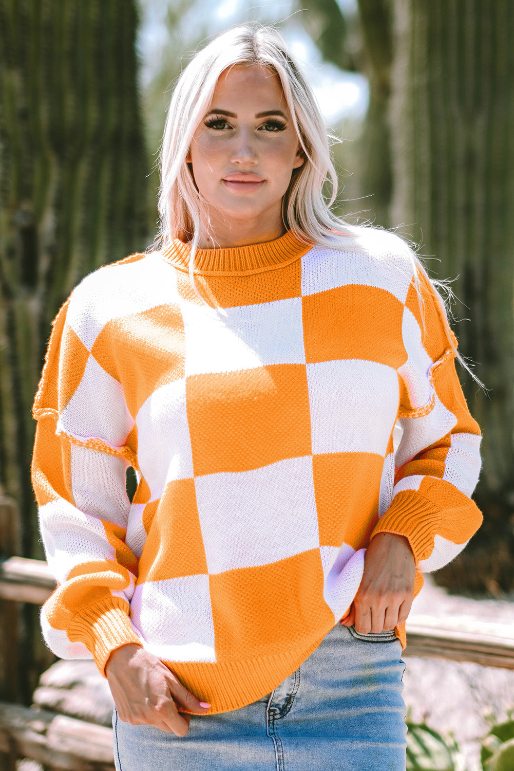 Orange Checkered Bishop Sleeve Sweater - Viraxa