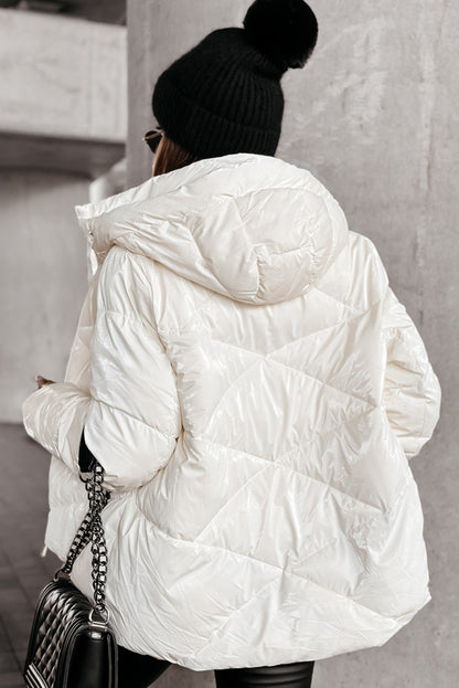 White Solid Quilted Hooded Zip Up Puffer Coat - Viraxa