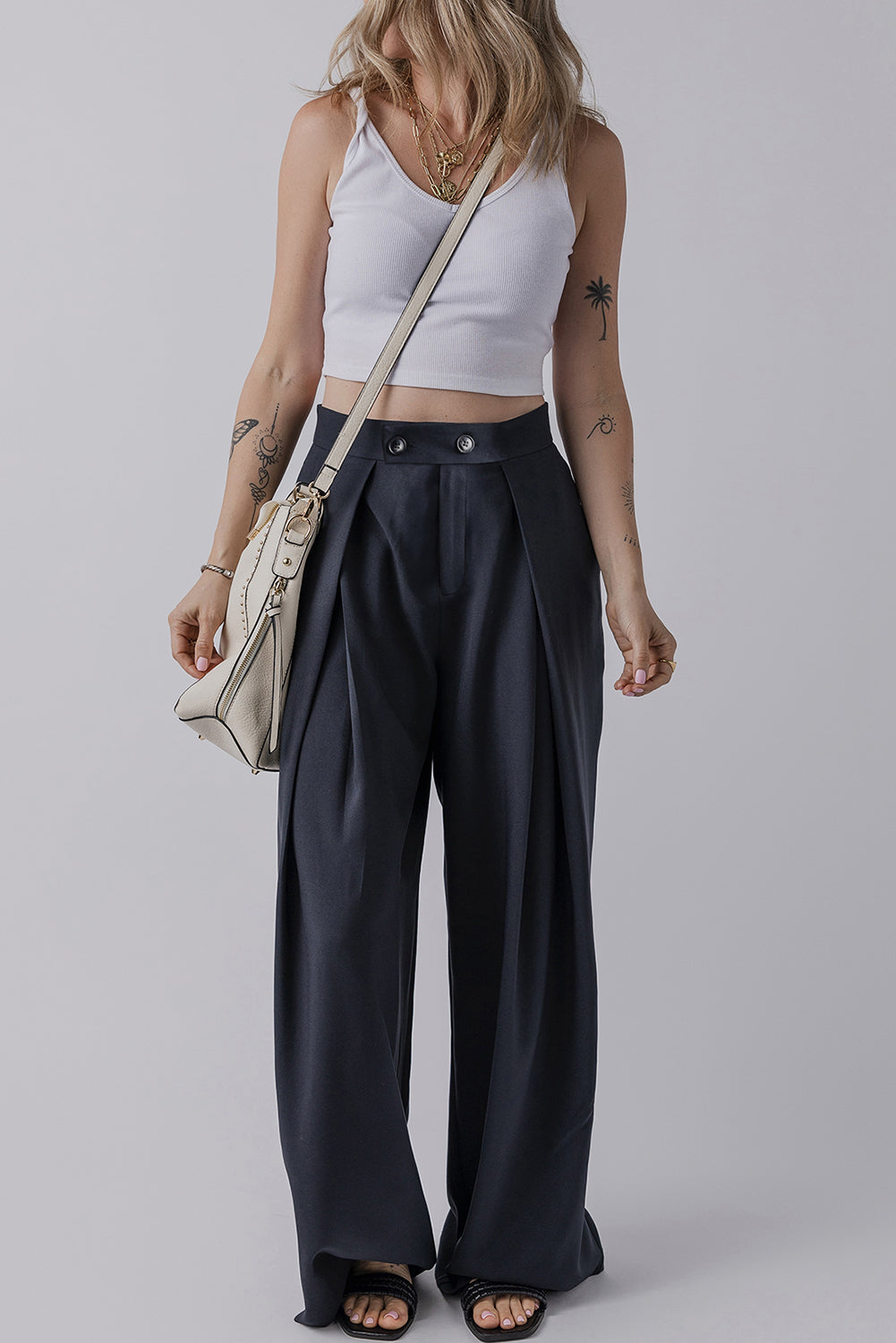 Dirty blue Dual Buttoned High Waist Pleated Wide Leg Pants - Viraxa