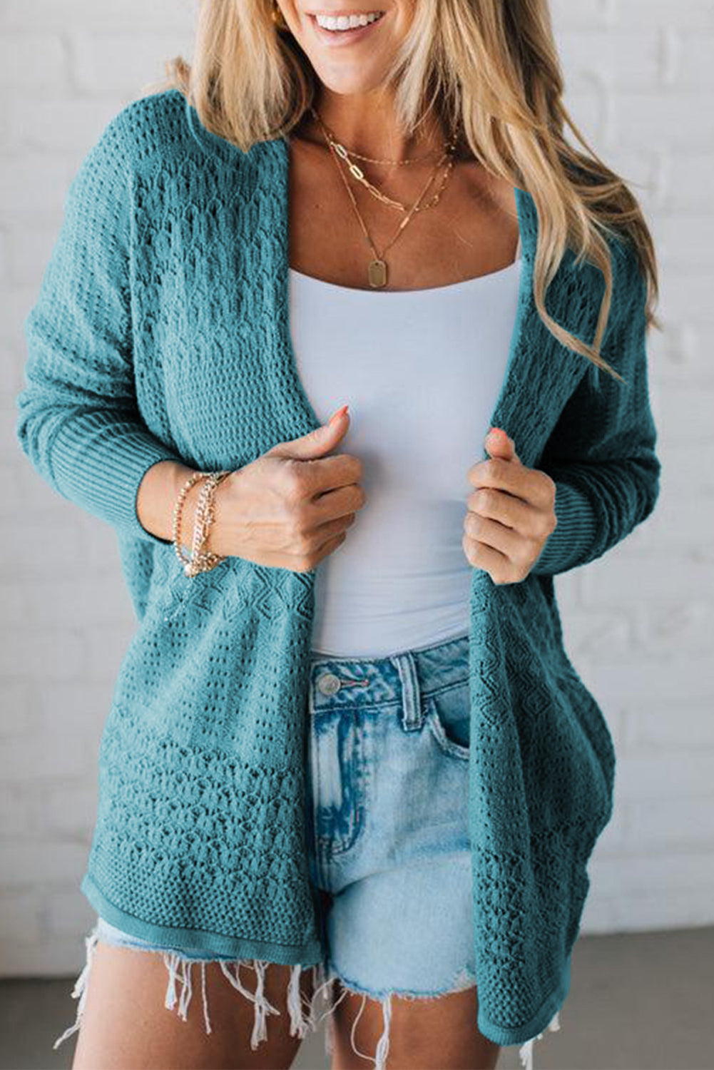 Lapis Mix Pattern Hollowed Knit Open Front Cardigan - Viraxa