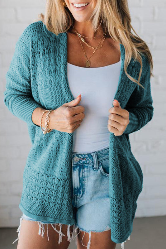 Lapis Mix Pattern Hollowed Knit Open Front Cardigan - Viraxa