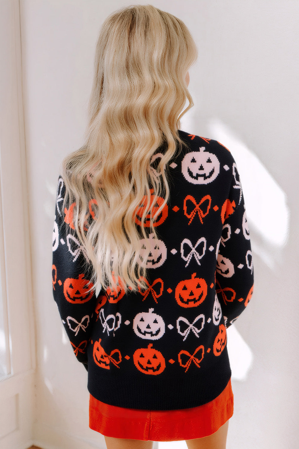 Black Halloween Pumpkin Bow Knit Button V Neck Sweater Cardigan - Viraxa