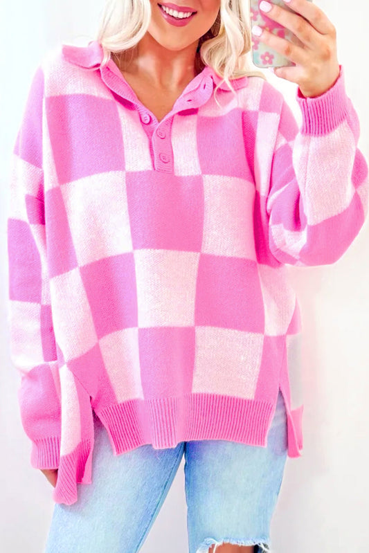 Pink Checkerboard Half Button Collared Drop Shoulder Sweater - Viraxa