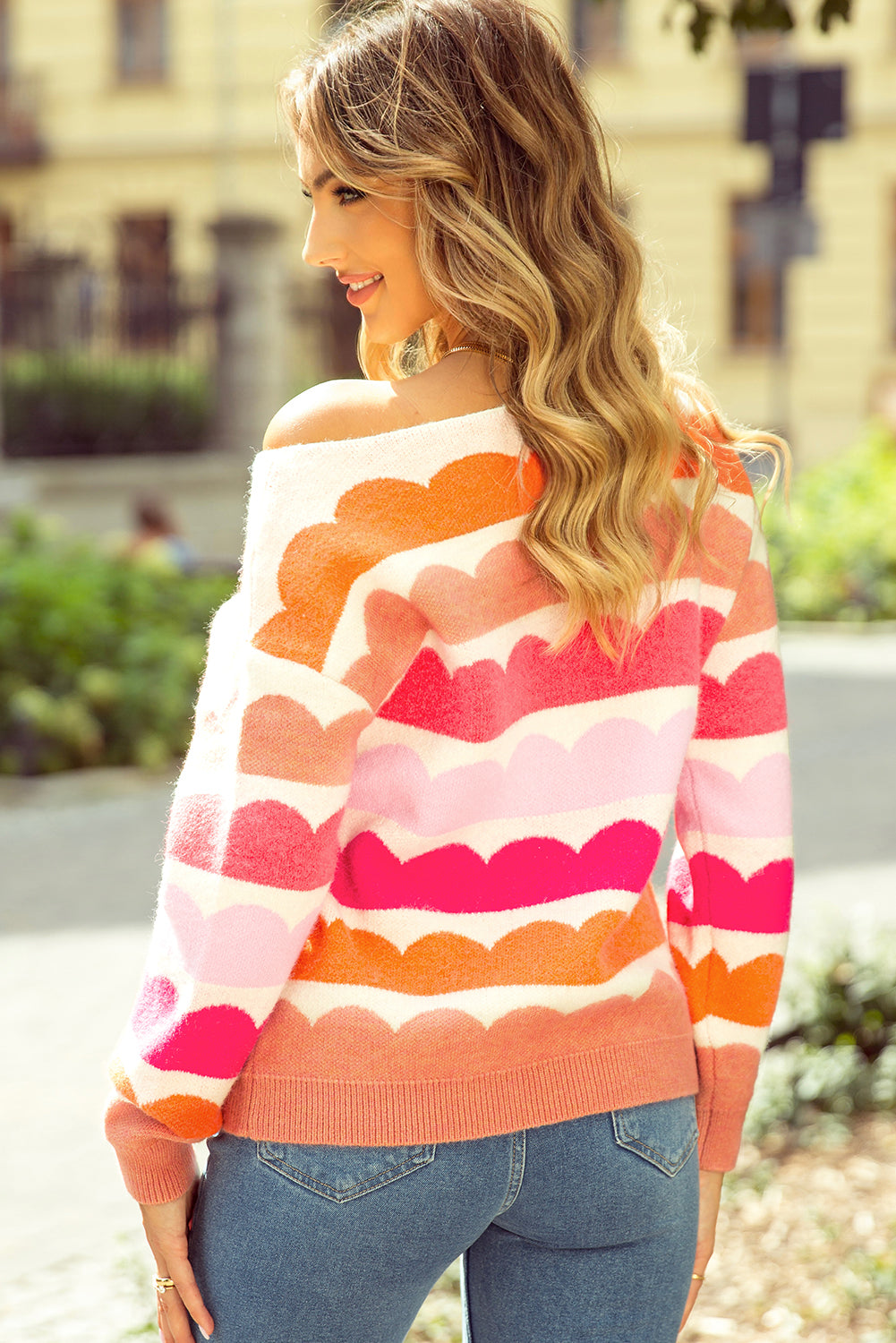 Rose Red Wave Striped Balloon Sleeve Drop Shoulder Sweater - Viraxa