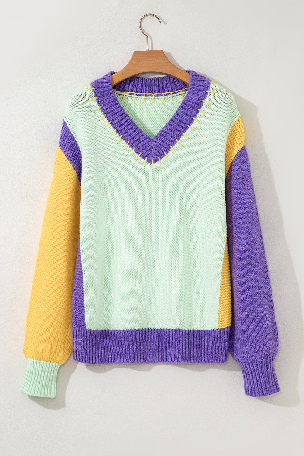 Green Stitched V Neck Color Block Knitted Drop Shoulder Sweater - Viraxa