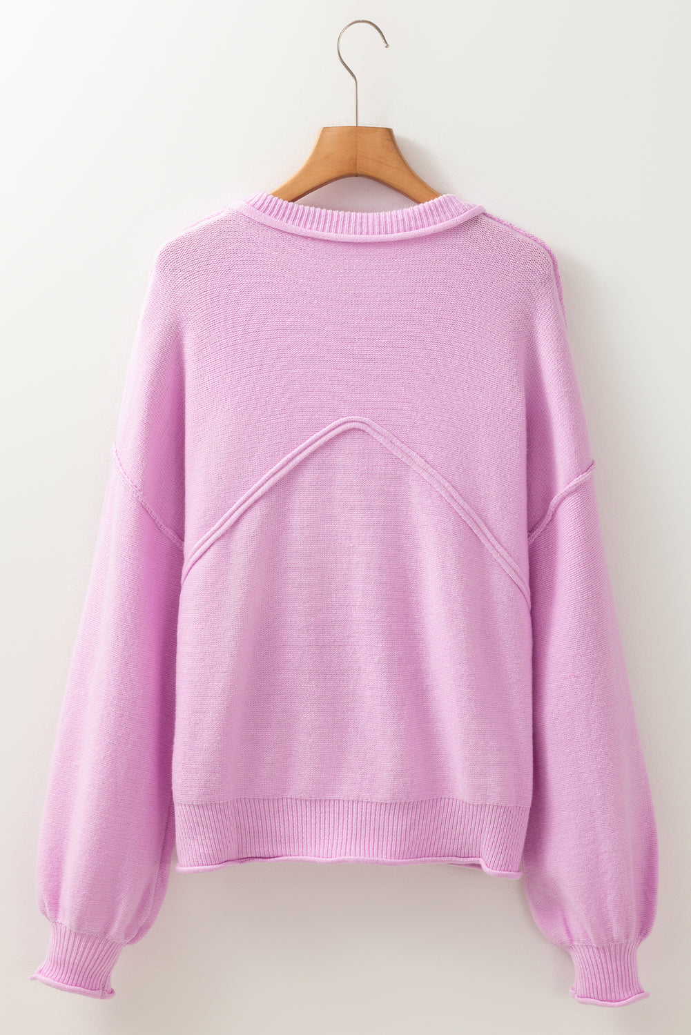 Pink Raw Edge Ribbed Detail Drop Shoulder Sweater - Viraxa