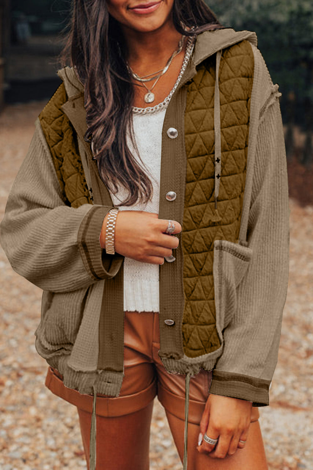 Jungle Green Quilted Textured Patchwork Loose Fit Hooded Jacket - Viraxa