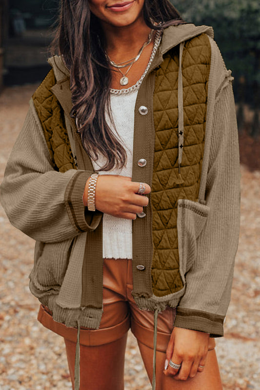 Jungle Green Quilted Textured Patchwork Loose Fit Hooded Jacket - Viraxa