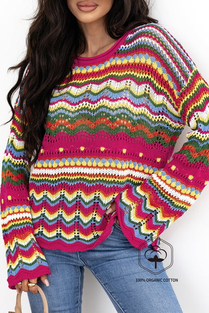 Rose Red Colorblock Striped Hollowed Knit Loose Sleeve Sweater