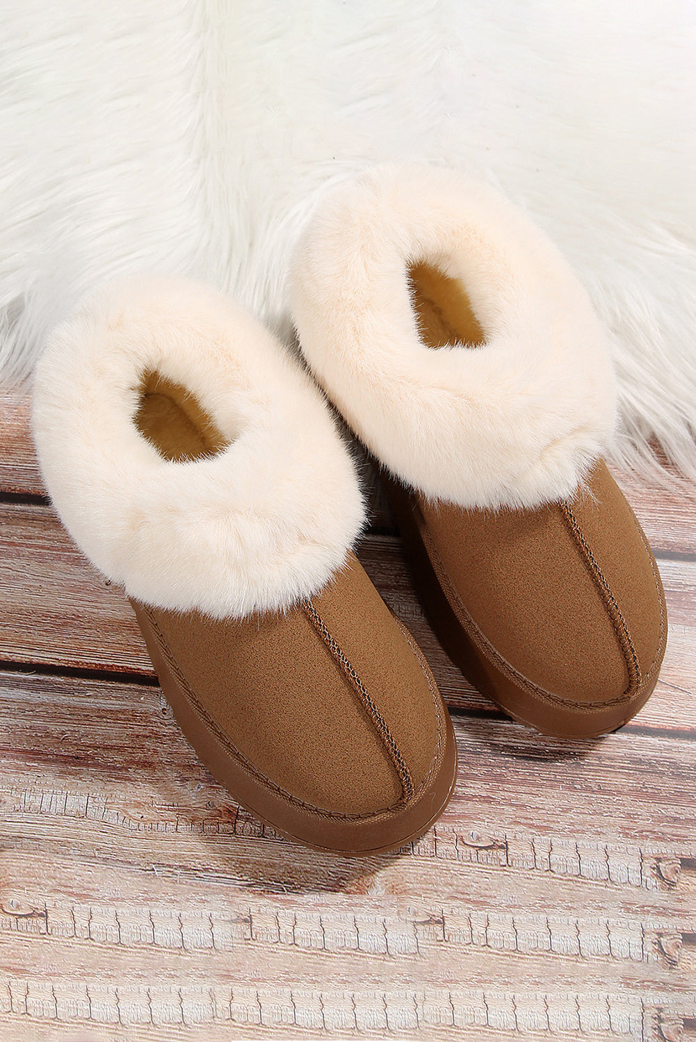 Chestnut Plush Suede Trim Thick Sole Flat Snow Boots - Viraxa
