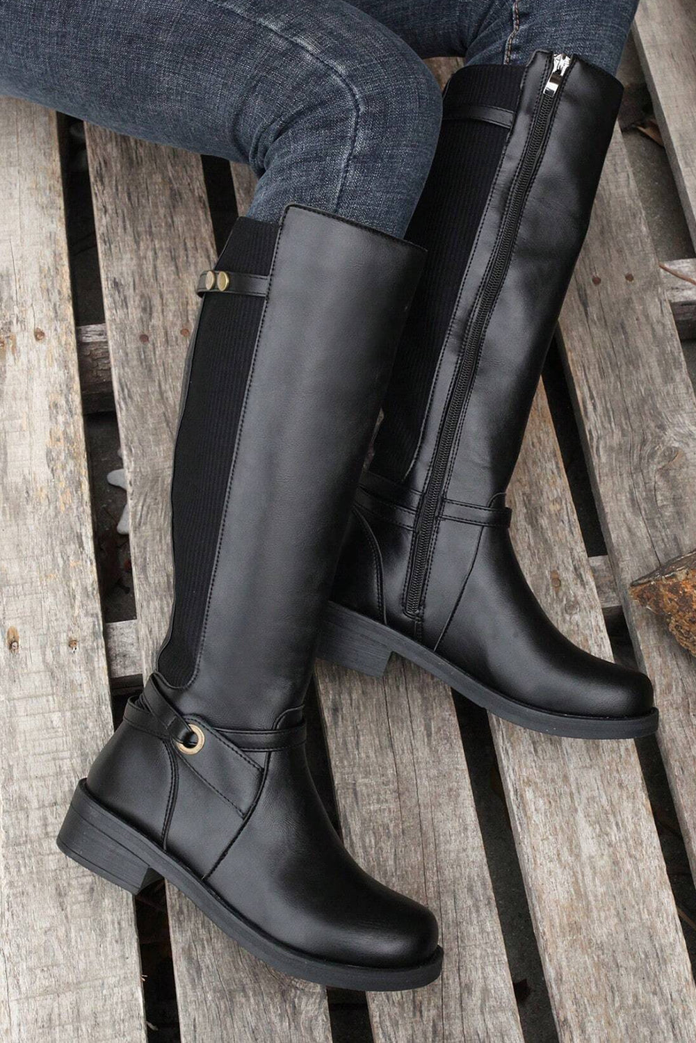 Black Side Zipper Knee High Chunky Low Heel Boots - Viraxa