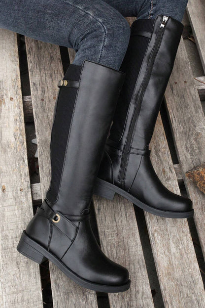 Black Side Zipper Knee High Chunky Low Heel Boots - Viraxa