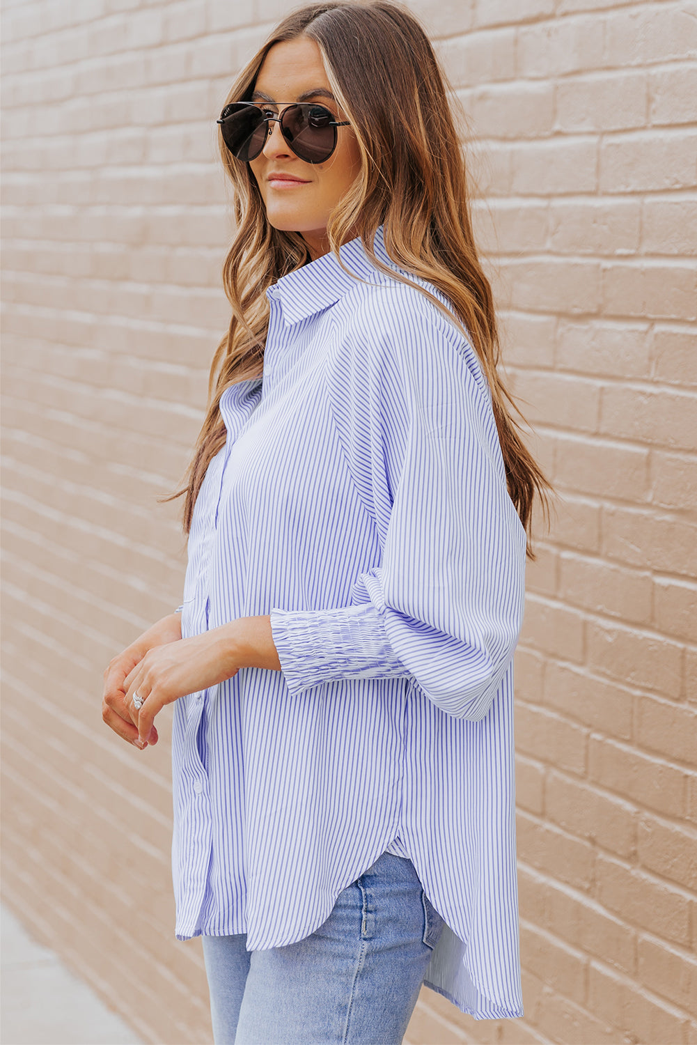 Sky Blue Smocked Cuffed Striped Boyfriend Shirt with Pocket - Viraxa