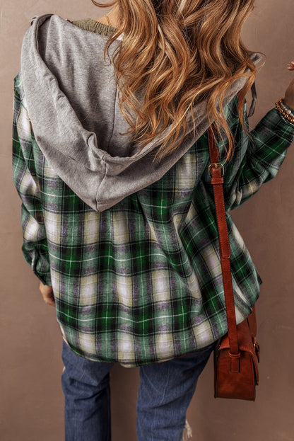 Green Plaid Print Chest Pocket Buttoned Hooded Shacket - Viraxa