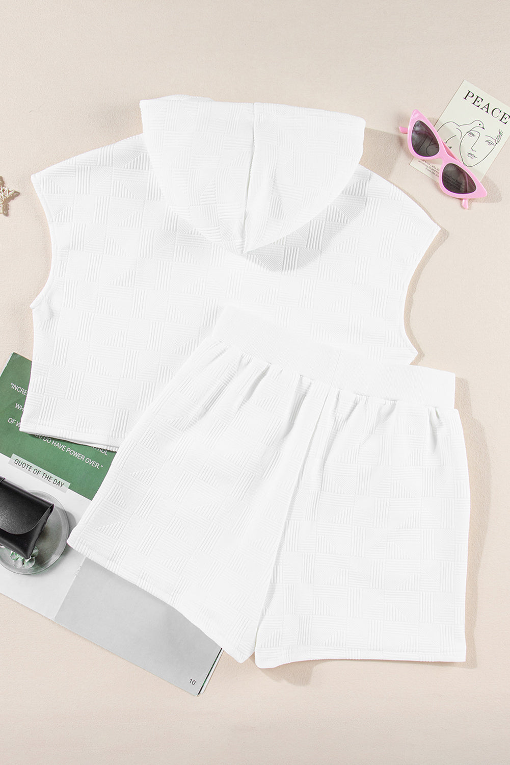 White Textured Cropped Hoodie and Shorts Set - Viraxa