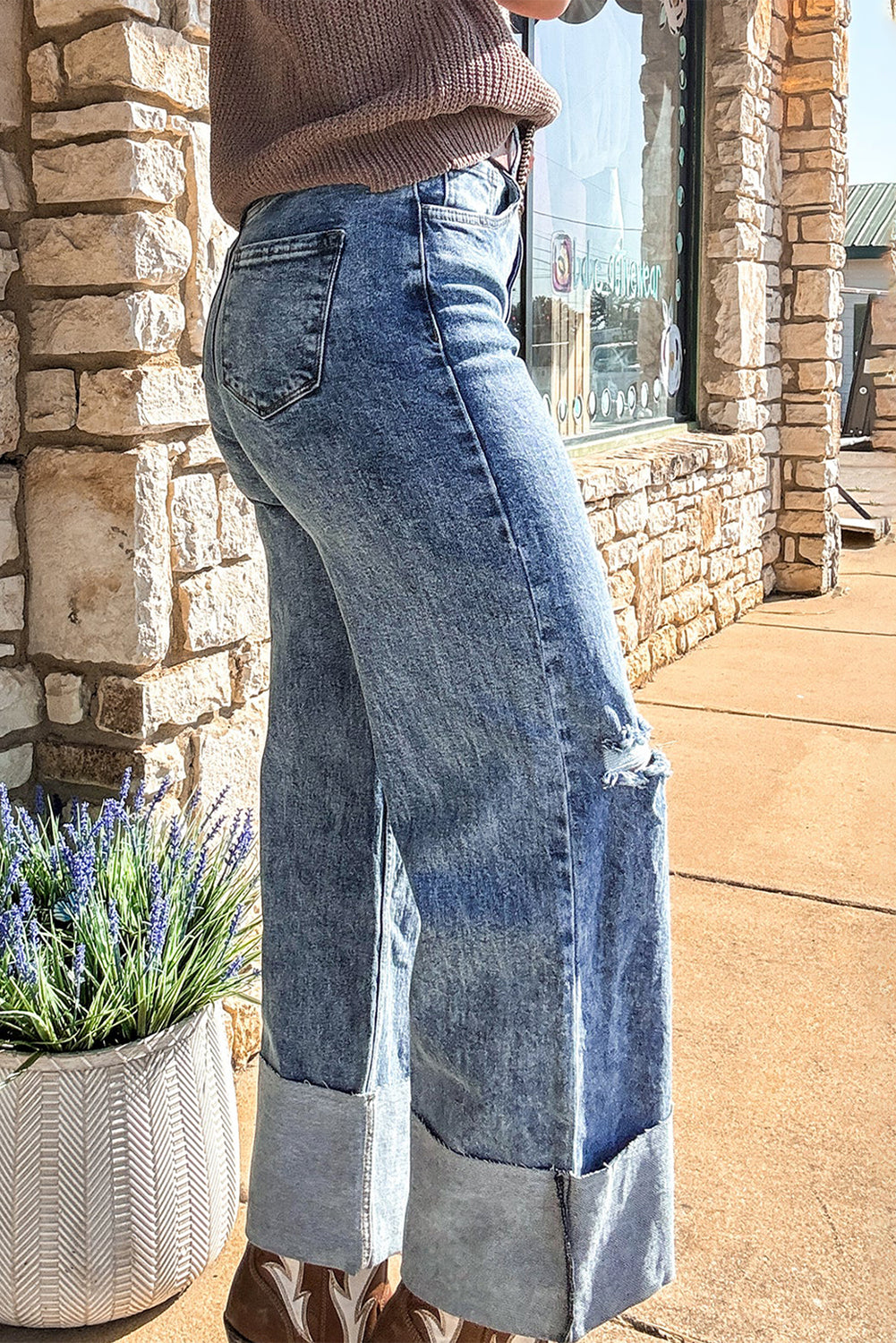 Ashleigh Blue Mineral Wash Bottom Cuff Distressed Wide Leg Jeans - Viraxa