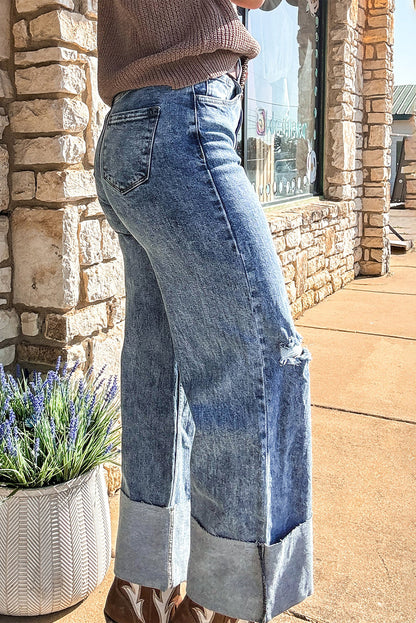 Ashleigh Blue Mineral Wash Bottom Cuff Distressed Wide Leg Jeans - Viraxa
