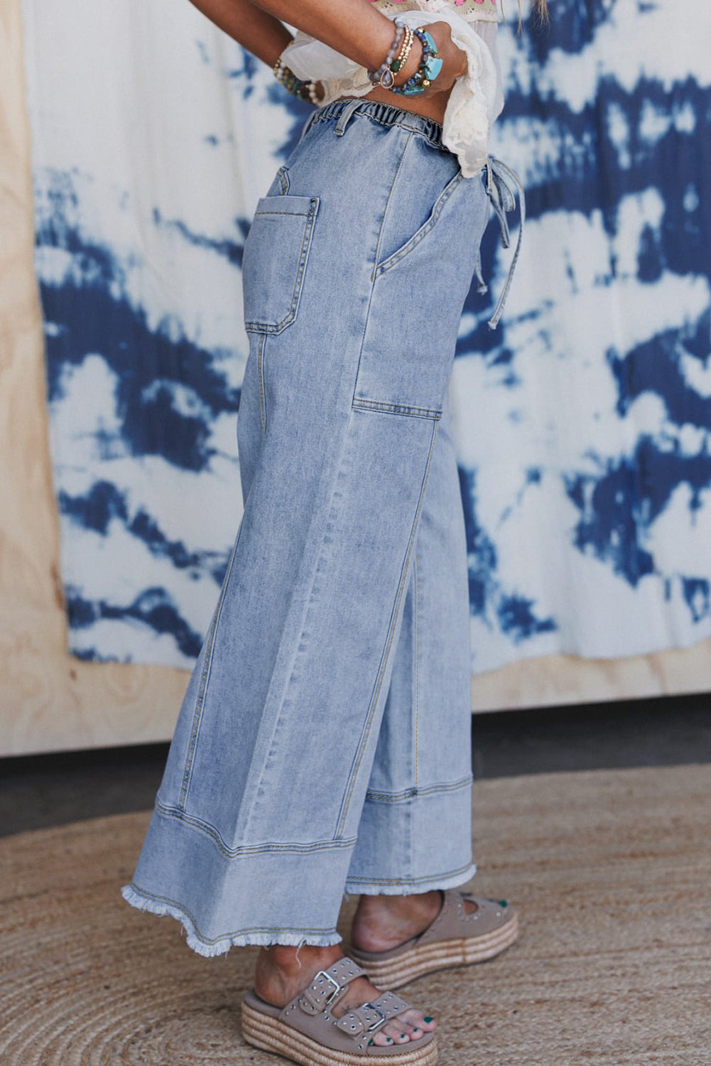 Beau Blue Drawstring Seam Detail Raw Hem Wide Leg Denim Pants - Viraxa