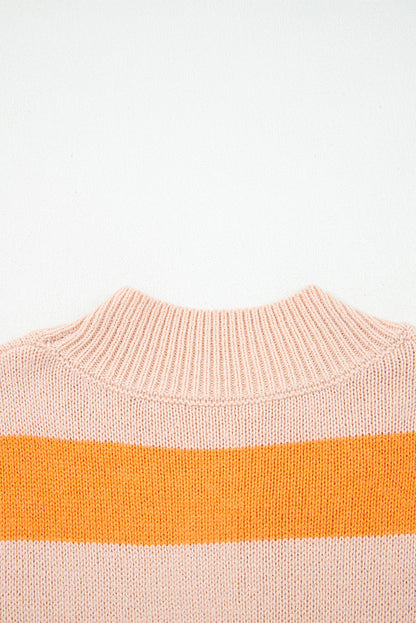 Orange Stripe Color Block High Neck Drop Shoulder Cozy Sweater - Viraxa