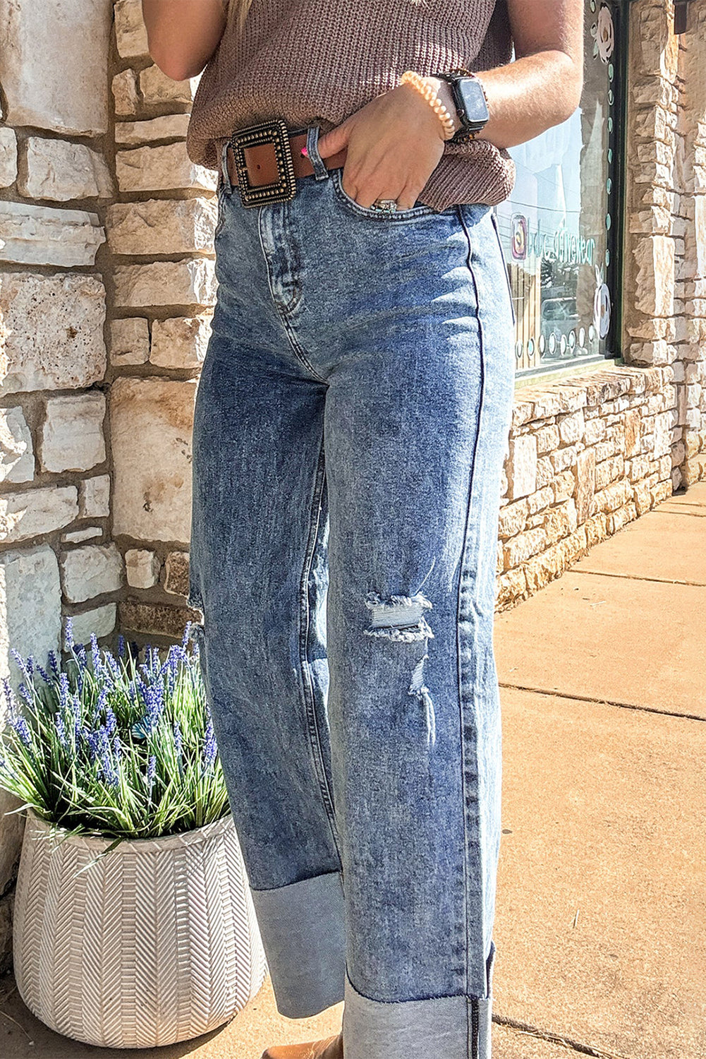 Ashleigh Blue Mineral Wash Bottom Cuff Distressed Wide Leg Jeans - Viraxa