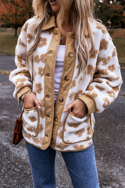 Light French Beige Cute Flower Pattern Button Up Fleece Jacket - Viraxa